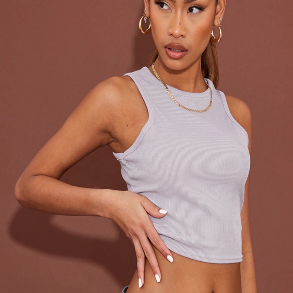 PRETTY LITTLE THING GREY RECYCLED RIB RACER NECK VEST CROP TOP